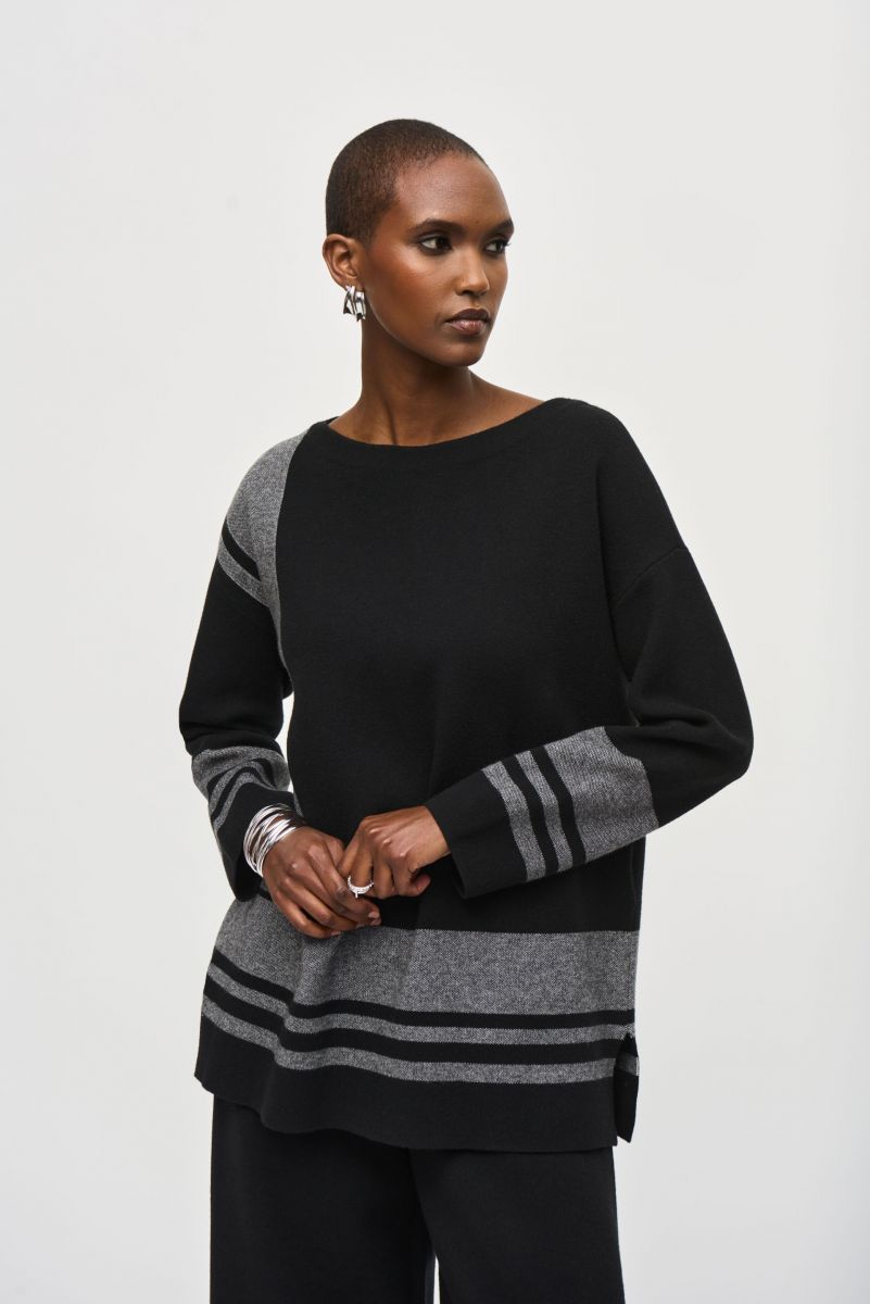 Joseph Ribkoff Black/Vanilla Jacquard Sweater Knit Boxy Top Style 243949