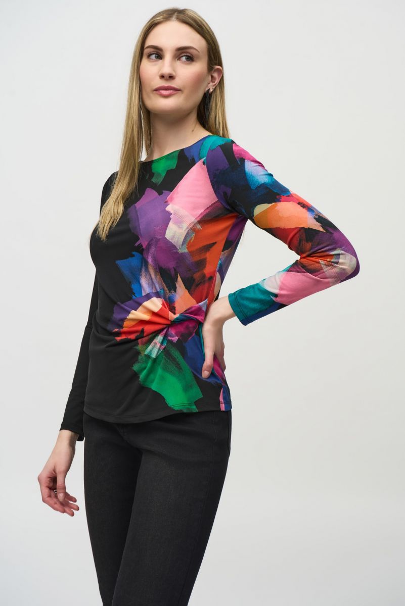 Joseph Ribkoff Black/Multi Abstract Placement Print Top Style 244073