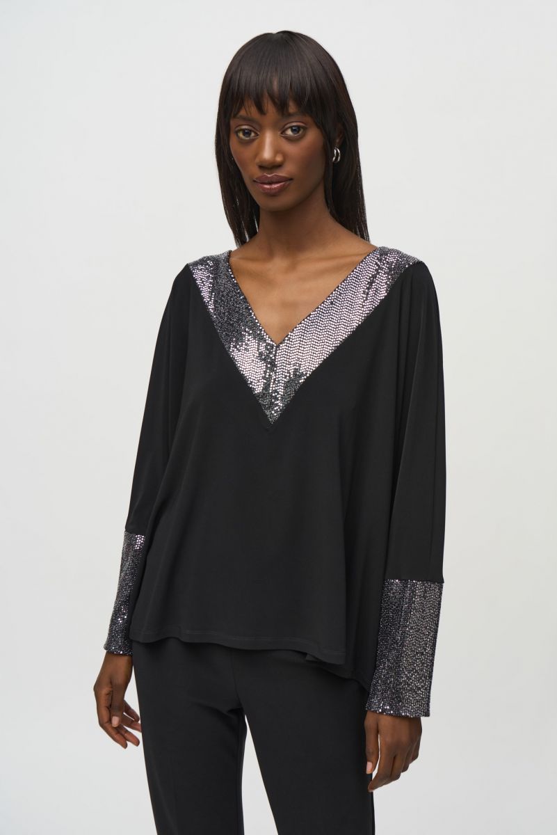 Joseph Ribkoff Black/Silver Boxy Top with Sequins Detail Style 244200