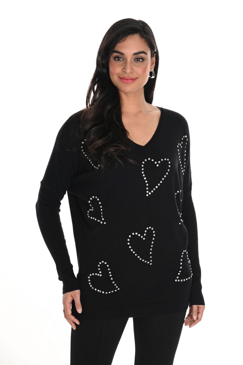 Frank Lyman Black V-Neck Top with Silver Heart Motifs Style 244601U