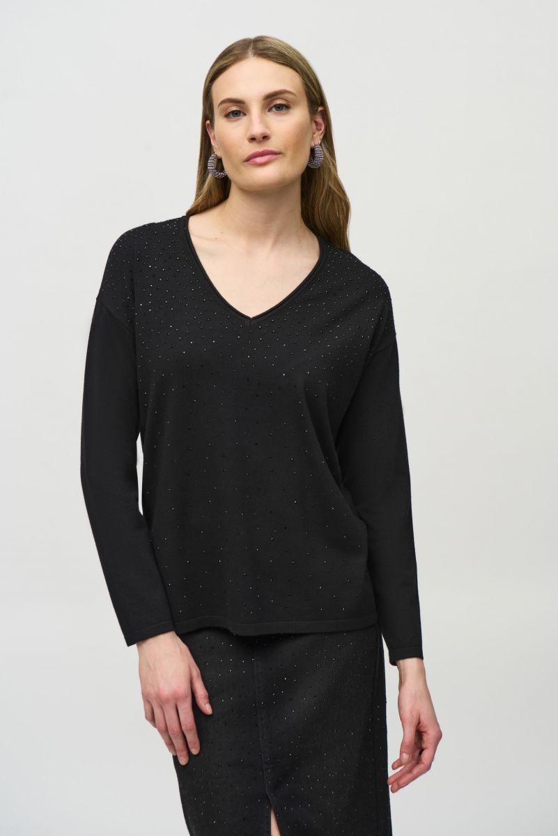 Joseph Ribkoff Black Sweater Knit V-Neck Pullover Style 244923