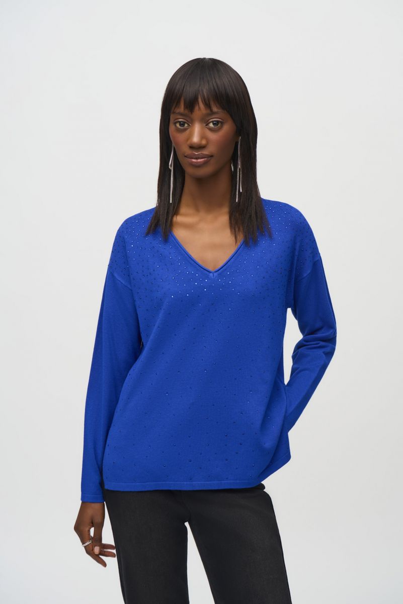 Joseph Ribkoff Royal Sapphire Sweater Knit V-Neck Pullover Style 244923