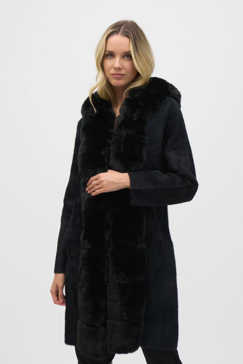 Joseph Ribkoff Black Faux Fur Hooded Coat Style 244929