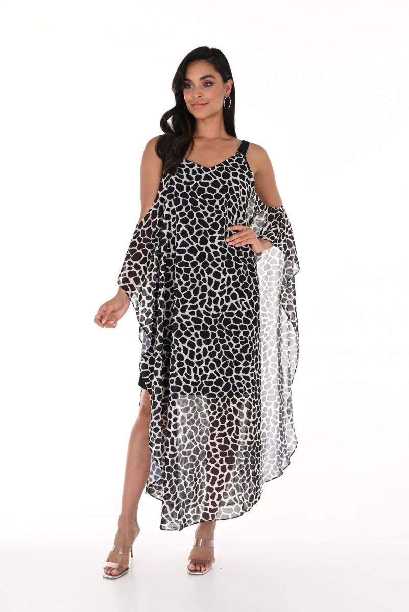 Frank Lyman Black/Beige Animal Print Cape Dress Style 246208U