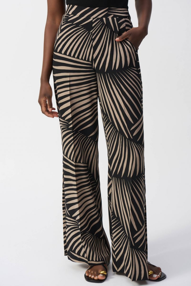 Joseph Ribkoff Black/Dune Gauze Tropical Print Wide-Leg Pants Style 251085.