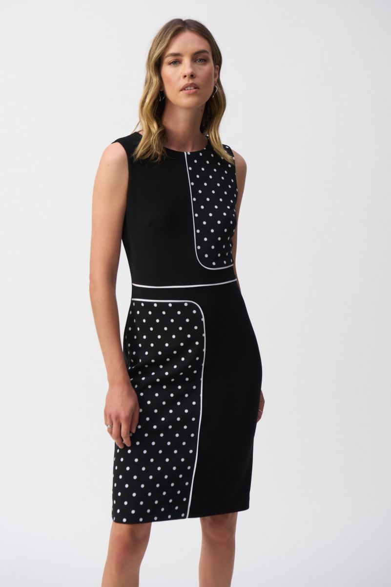 Joseph Ribkoff Black/Vanilla Dot Print Sleeveless Sheath Dress Style 251094