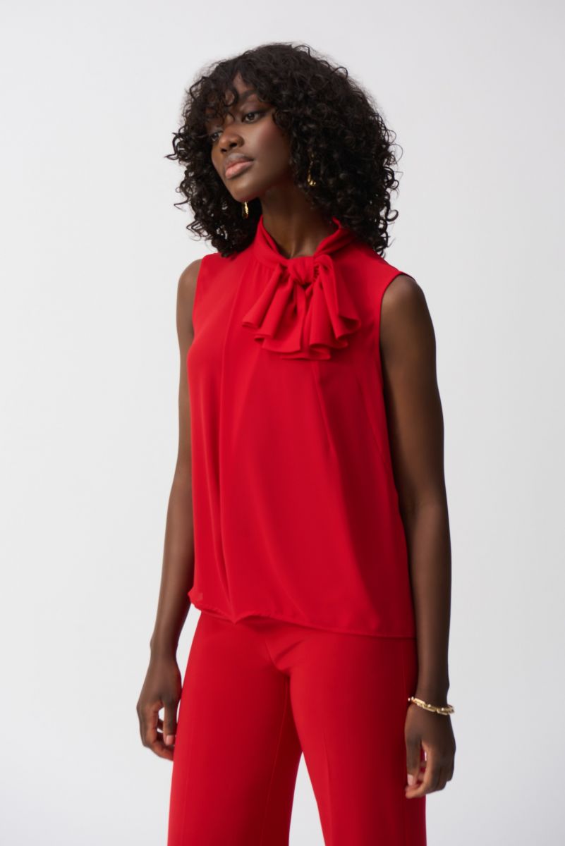 Joseph Ribkoff Radiant Red Sleeveless Top With Bow Collar Style 251115