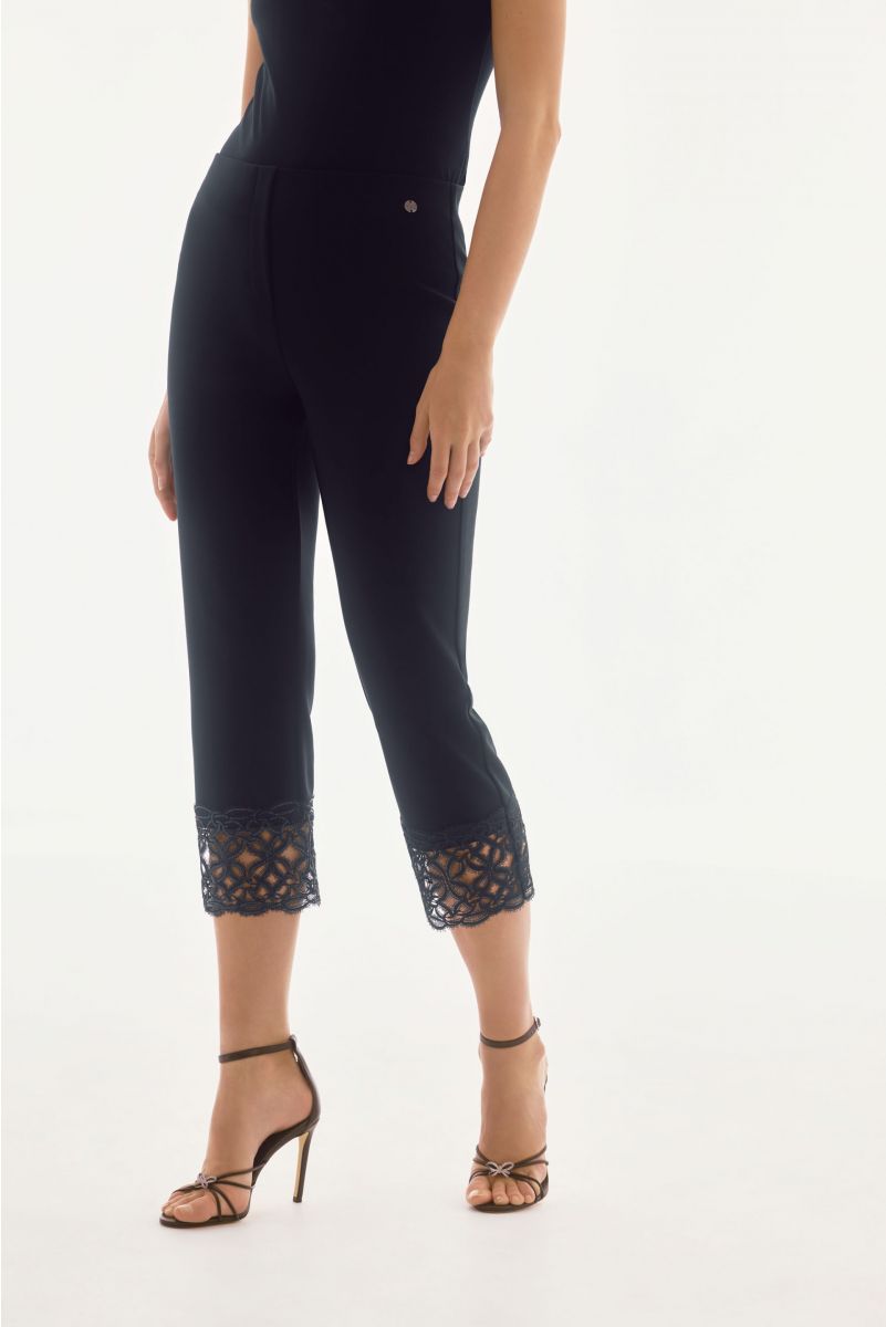 Joseph Ribkoff Midnight Blue Crop Pants with Lace Hem Style 251736