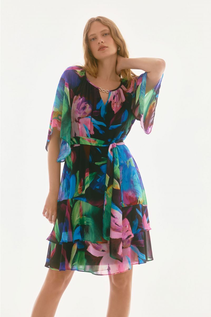 Joseph Ribkoff Black/Multi Chiffon Floral Print A-Line Dress Style 251757