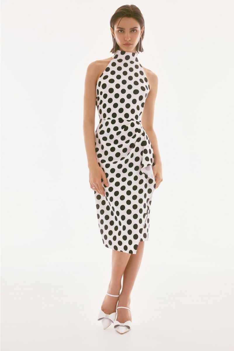 Joseph Ribkoff Vanilla/Black Lux Twill Dot Print Halter Dress Style 251759.