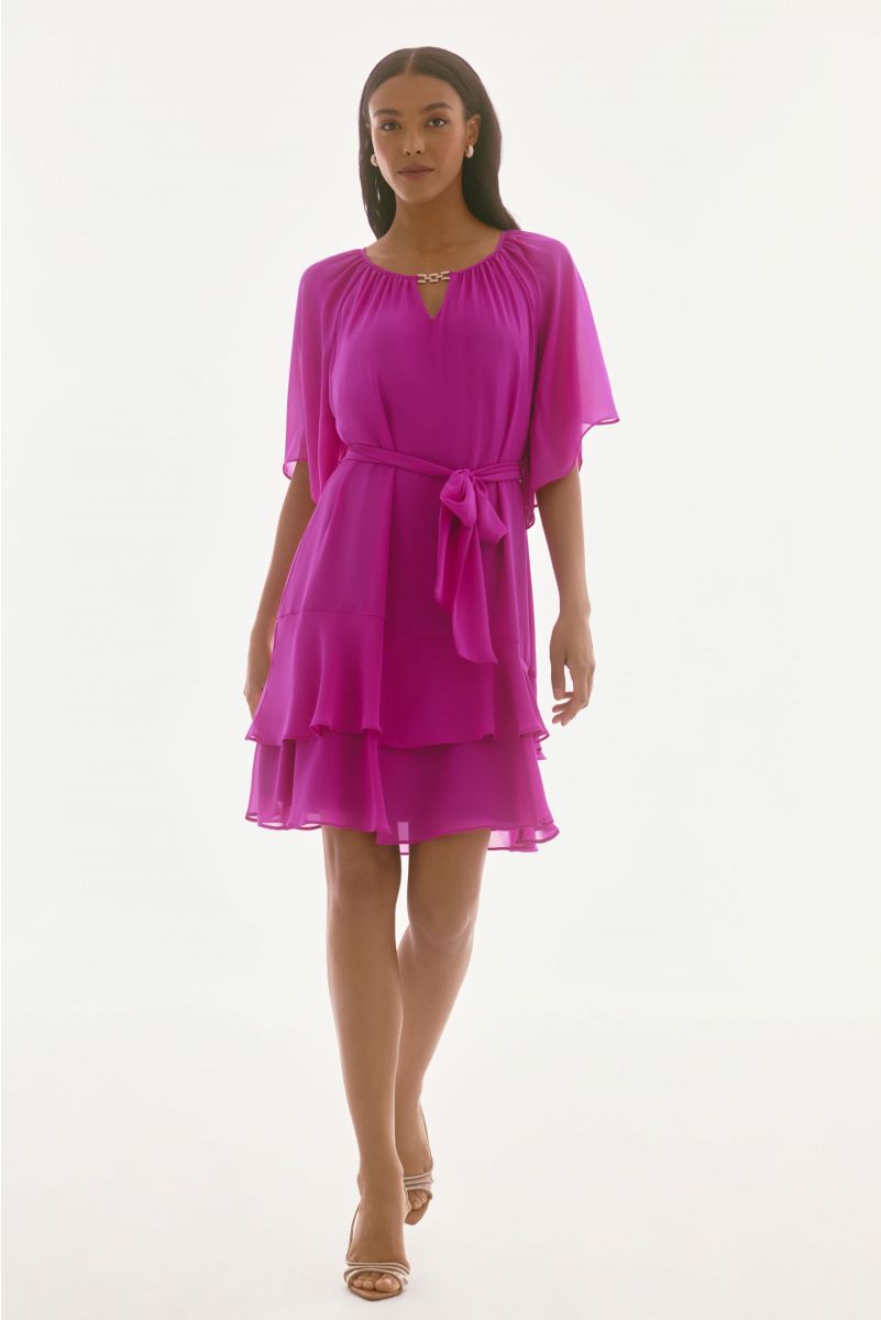 Joseph Ribkoff Purple Orchid Chiffon Belted A-Line Dress Style 251765