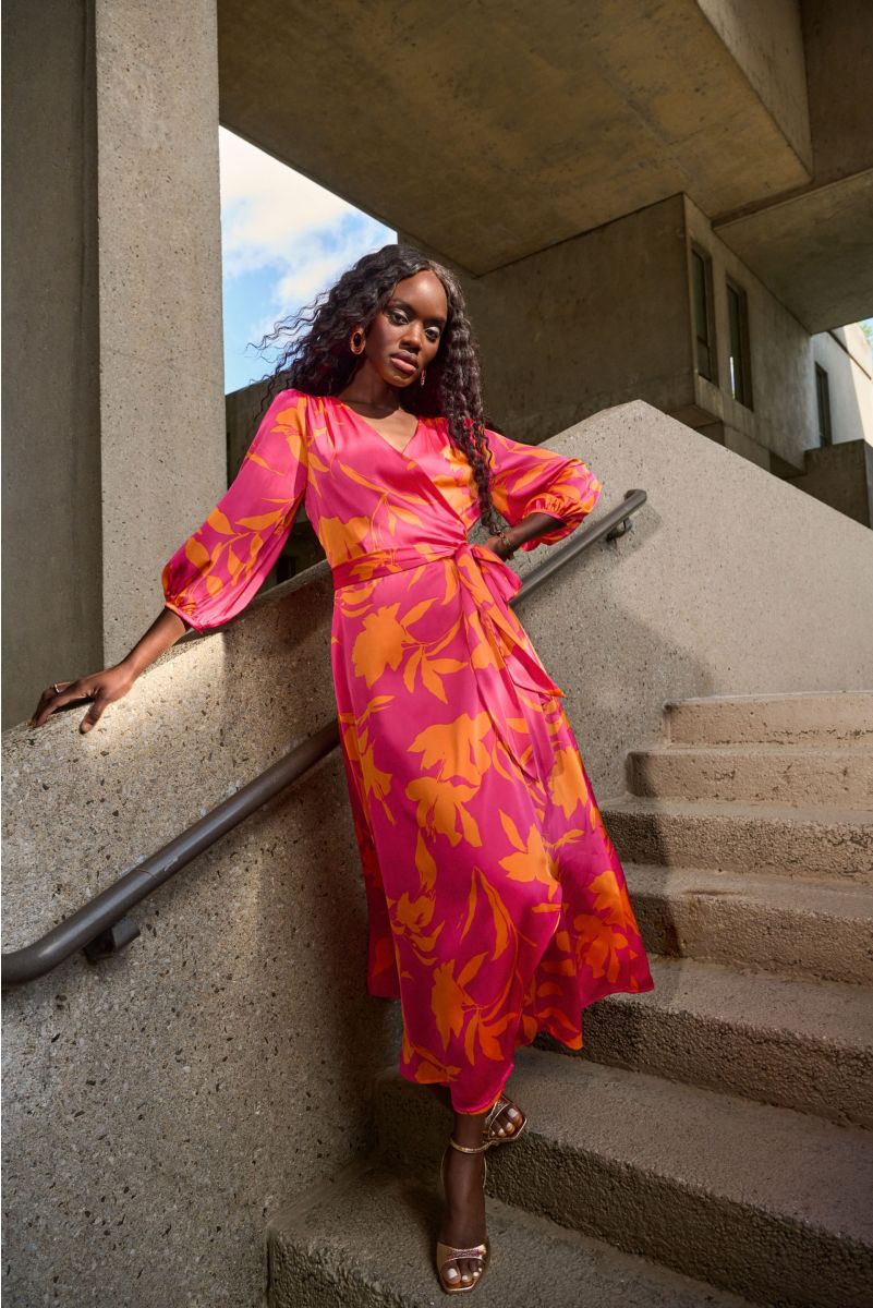 Joseph Ribkoff Pink/Orange Satin Floral Print Wrap Dress Style 251906.