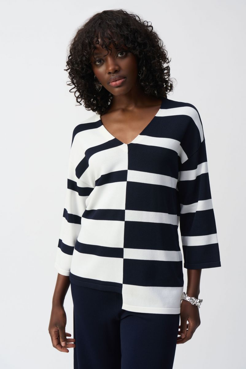 Joseph Ribkoff Midnight Blue/Vanilla Striped V-Neck Pullover Style 251914