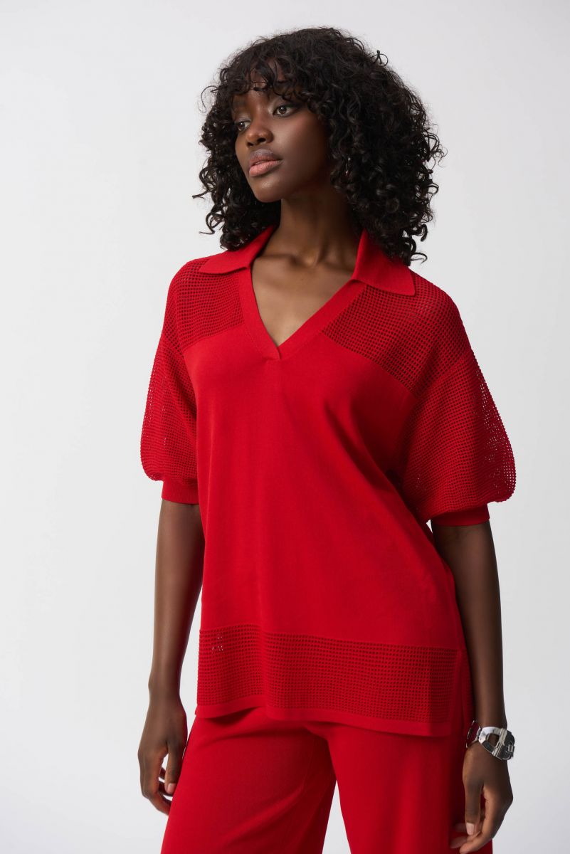 Joseph Ribkoff Radiant Red Sweater Knit Pullover With Pointelle Detail Style 251925.