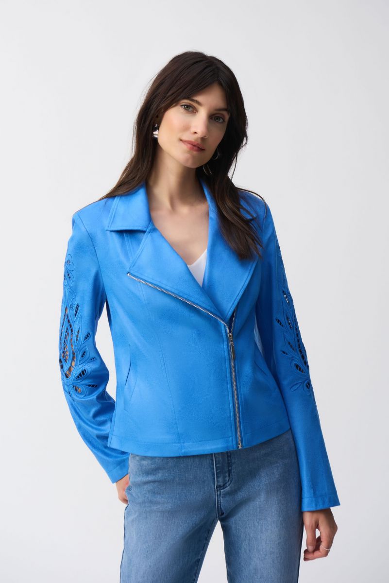 Joseph Ribkoff Coastal Blue Foiled Faux-Suede Moto Jacket Style 251936.