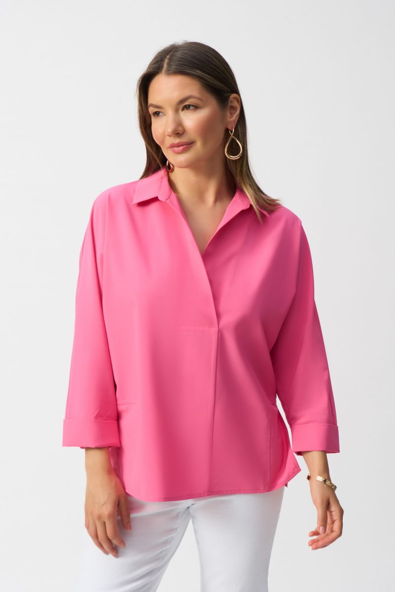 Joseph Ribkoff Bubble Gum Poplin Boxy Shirt With Overlapping V-Neck Style 251948