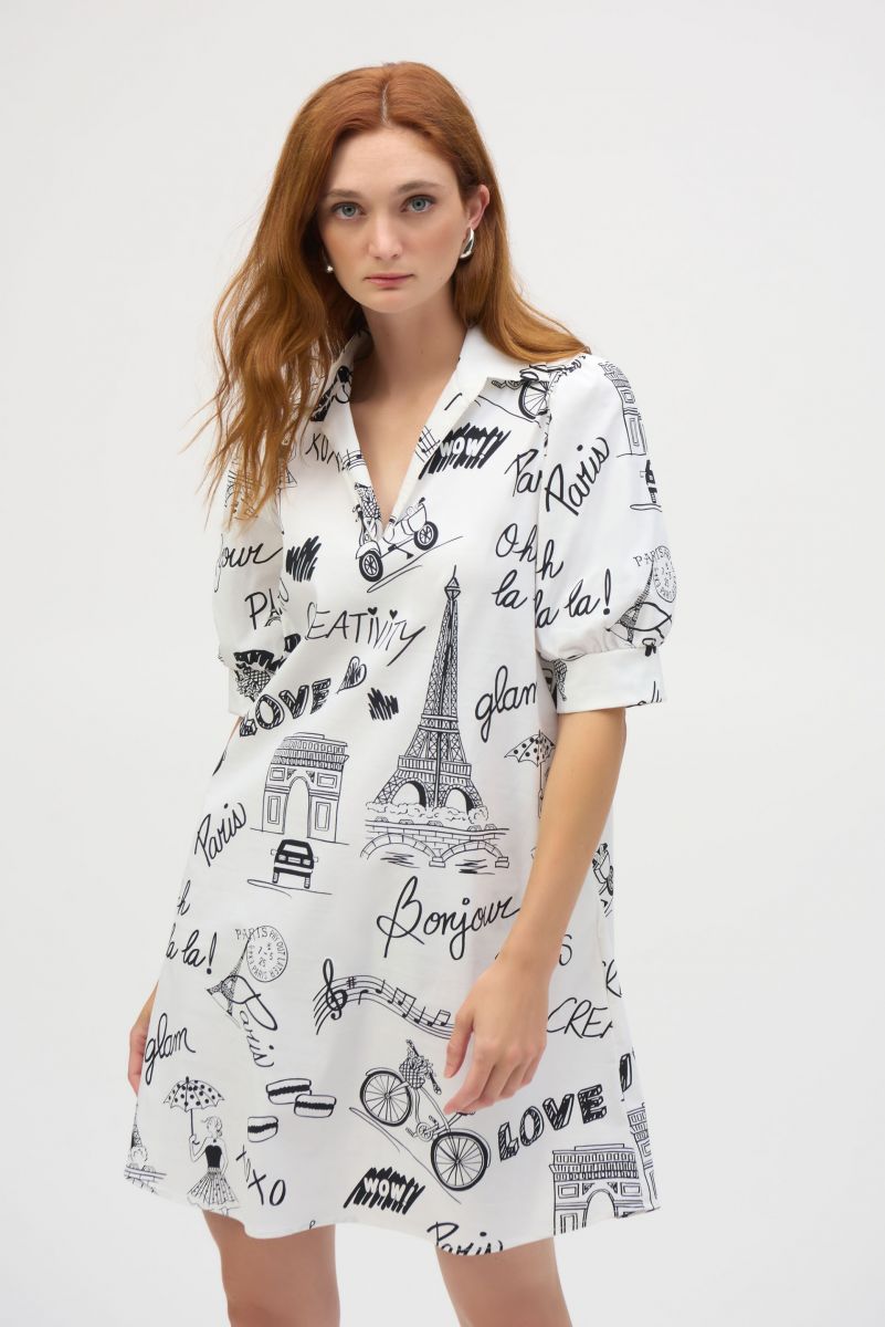 Joseph Ribkoff Vanilla/Black Poplin Conversational Print A-Line Dress Style 252019.