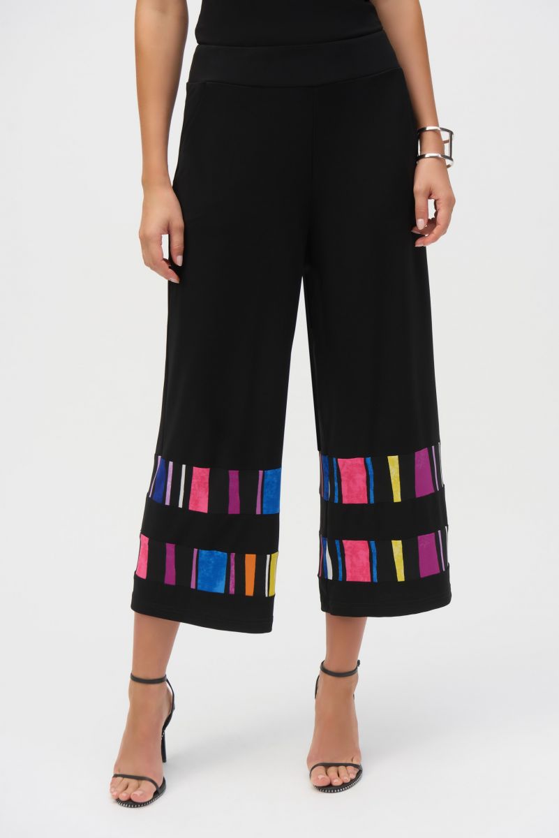 Joseph Ribkoff Black/Multi Silky Knit Stripe Print Culotte Pants Style 252051.