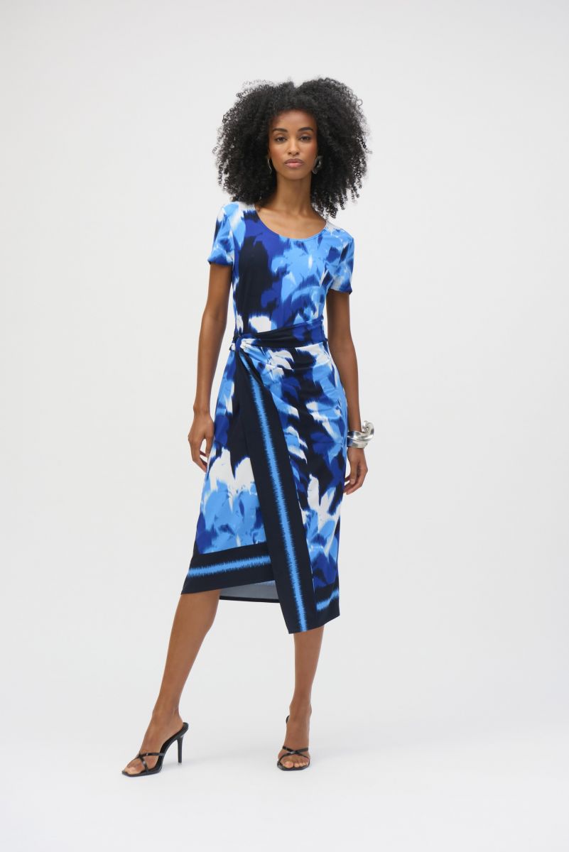 Joseph Ribkoff Blue/Vanilla Silky Knit Tropical Print Sheath Dress Style 252179.