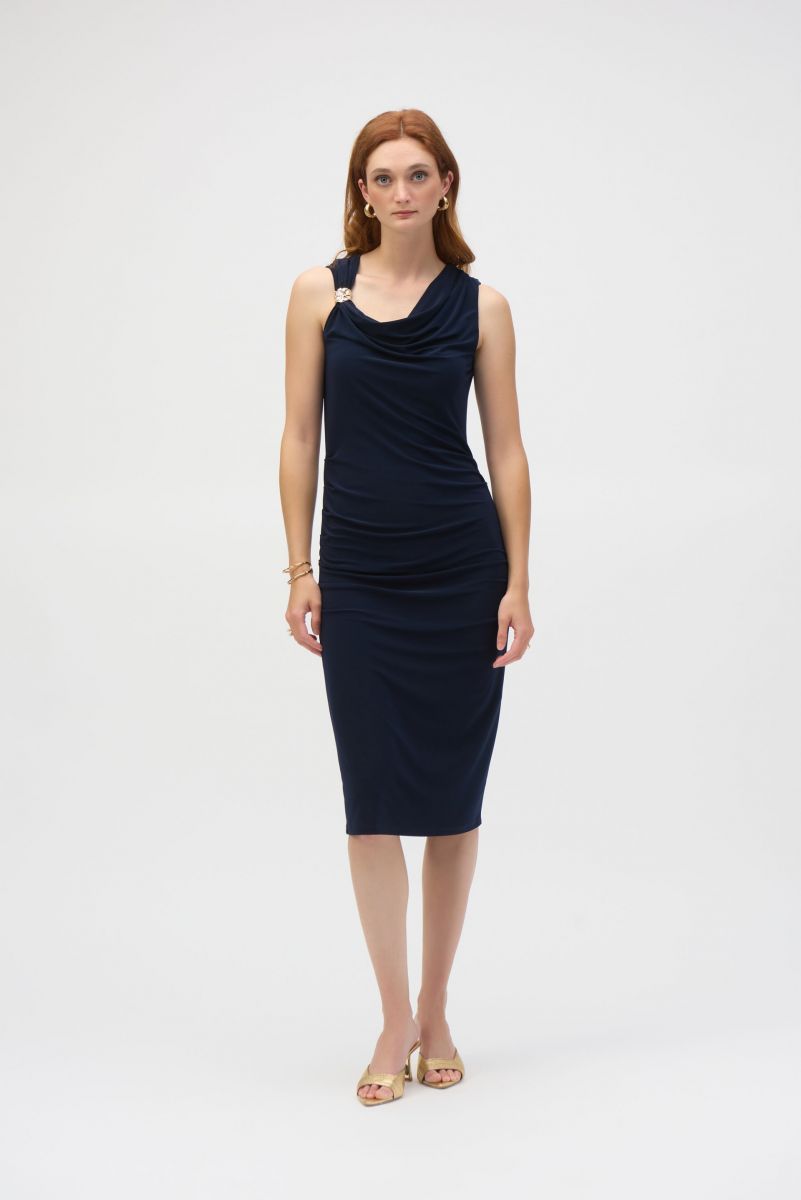 Joseph Ribkoff Midnight Blue Sheath Dress With Draped Neckline Style 252188