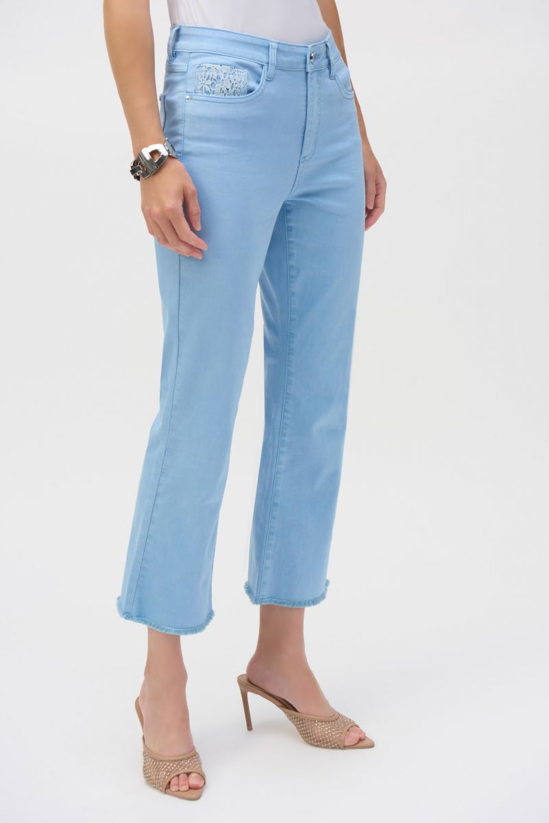 Joseph Ribkoff Sky Blue Stretch Flare Crop Jeans With Frayed Hem Style 252912.