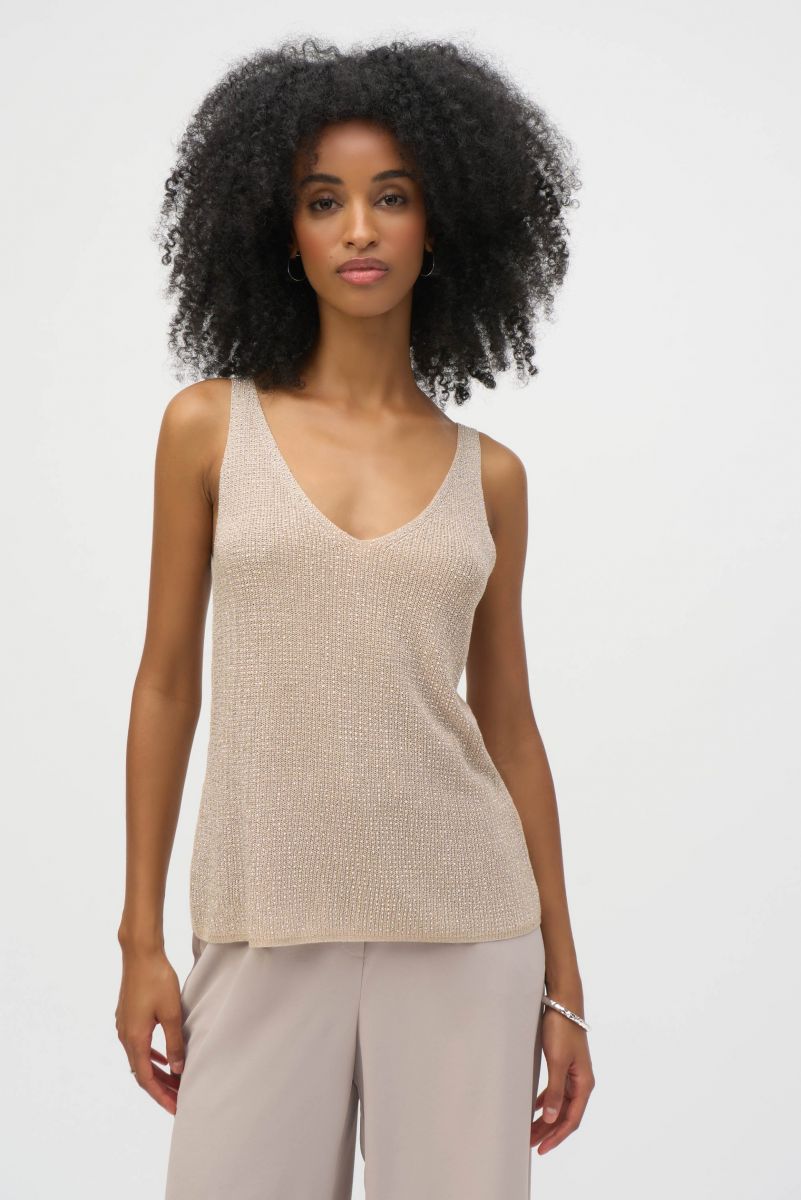 Joseph Ribkoff Champagne Metallic Knitted Camisole With Rhinestones Style 252915.