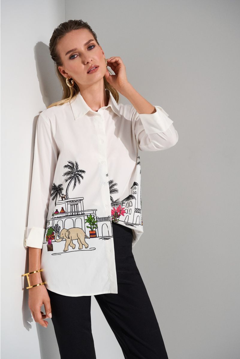 Joseph Ribkoff White/Multi Conversational Print Blouse Style 252930