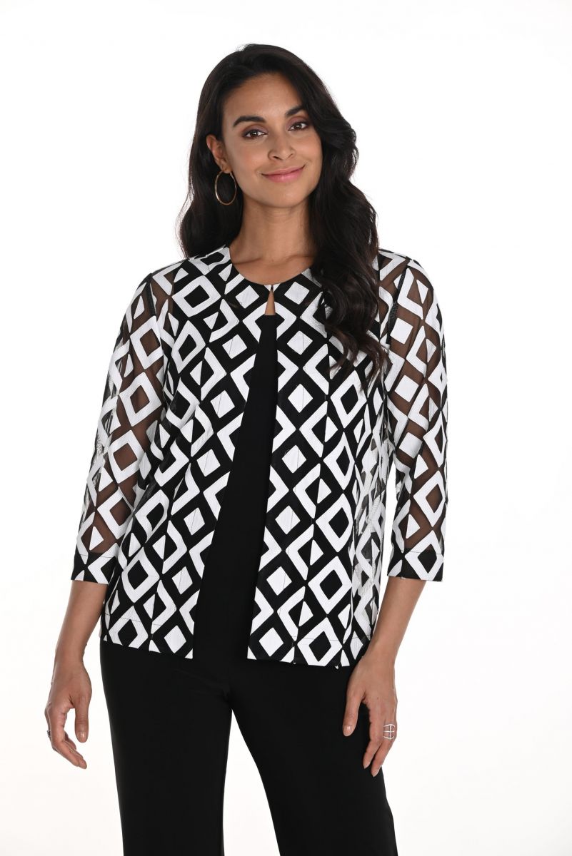 Frank Lyman Black/White Laser-Cut Leatherette on Mesh Jacket Style 256435