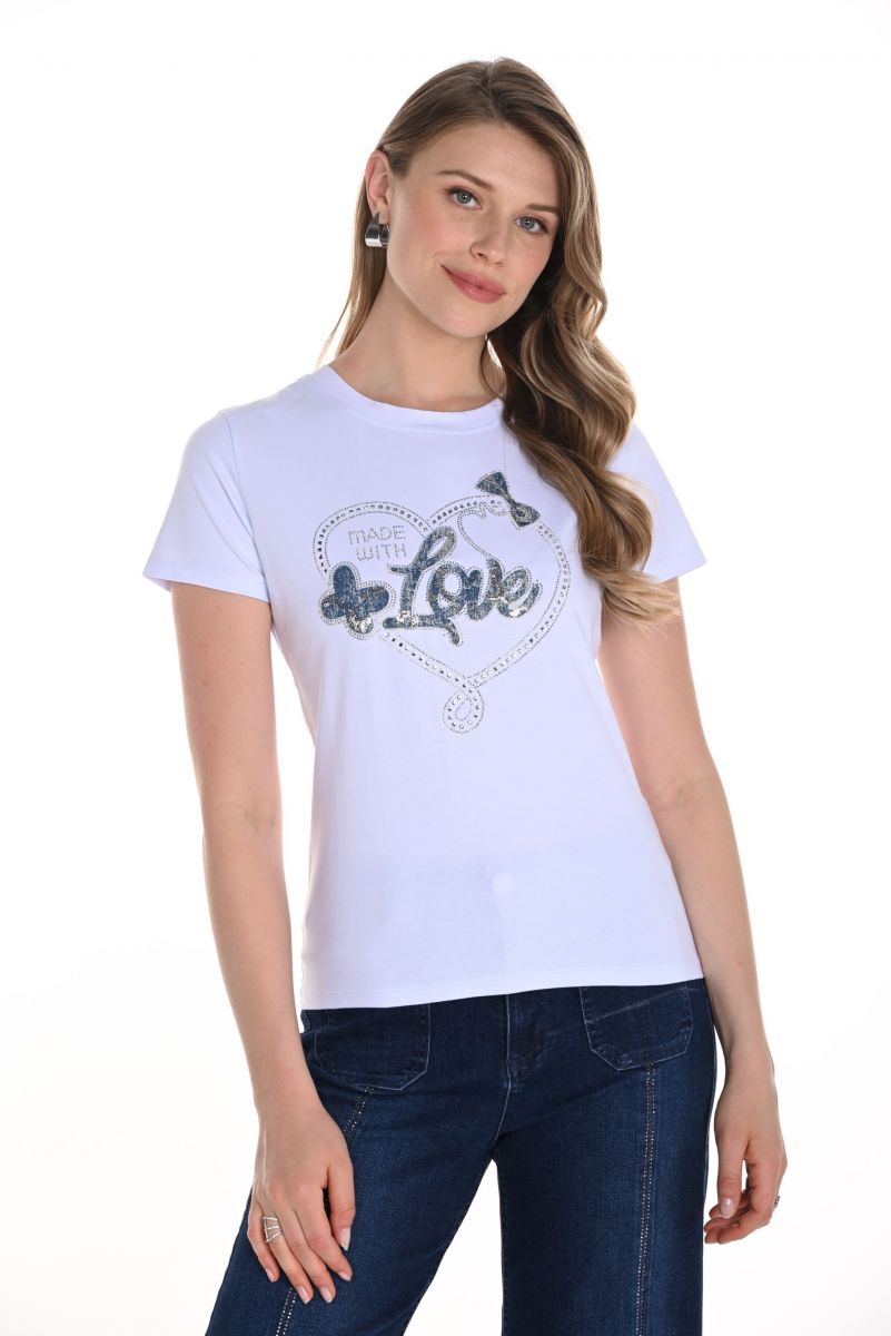 Frank Lyman White T-Shirt With Rhinestones & Sequins Detailing Style 256818U