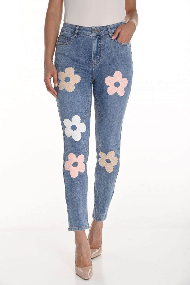 Frank Lyman Blue Denim Jean Pants with Floral Embroidery Style 256842U