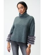 Joseph Ribkoff Grey Sweater with Faux Fur Trims Style 224940