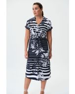 Joseph Ribkoff Midnight Blue/Vanilla Woven Floral Dress with Stripes Style 232050