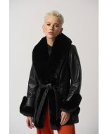 Joseph Ribkoff Black Leatherette Coat With Faux Fur Style 233927