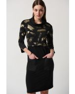 Joseph Ribkoff Black/Gold Abstract Foil Print Cowl Collar Cocoon Dress Style 234100