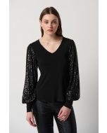 Joseph Ribkoff Black Silky Knit Sequins Puff Sleeve Top Style 234130