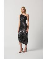Joseph Ribkoff Gunmetal One-Shoulder Shirred Metallic Dress Style 234158