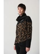 Joseph Ribkoff Black/Beige Printed Jacquard Knit Top With Faux Leather Trim Style 234209