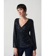 Joseph Ribkoff Midnight Blue Sequin Fitted Top With Long Bell Sleeves Style 234231