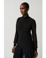 Joseph Ribkoff Black Turtleneck Top With Mesh Soutache Sleeves Style 234255
