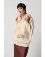 Joseph Ribkoff Almond Sweater With Faux Fur Hood And Pompoms Style 234921