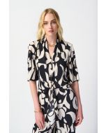 Joseph Ribkoff Black/Moonstone Abstract Print Front Tie Blouse Style 241098