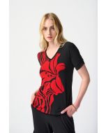 Joseph Ribkoff Black/Red Floral Print Knit Flare Top Style 241138