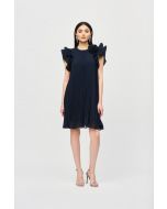 Joseph Ribkoff Midnight Blue Chiffon Pleated Dress with Organza Flower Detail Style 241758