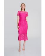 Joseph Ribkoff Shocking Pink Guipure Lace Flounce Dress Style 242704