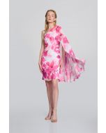 Joseph Ribkoff Vanilla/Multi Floral Print One Shoulder Cape Dress Style 242716