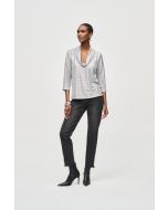 Joseph Ribkoff Grey/Silver Foiled Knit Cowl Collar Top Style 243167