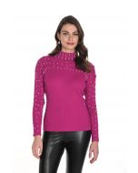 Frank Lyman Fuchsia Knit Sweater Top with White Pearls Style 243499U