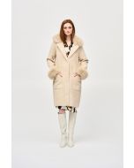 Joseph Ribkoff Champagne Feather Yarn Faux Fur Coat Style 243923