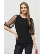 Joseph Ribkoff Black Top With Embellished Mesh Sleeves Style 244189