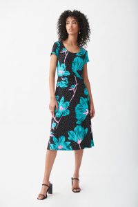 Joseph Ribkoff Black/Multi Twisted Waist Dress Style 221065 - Main Image